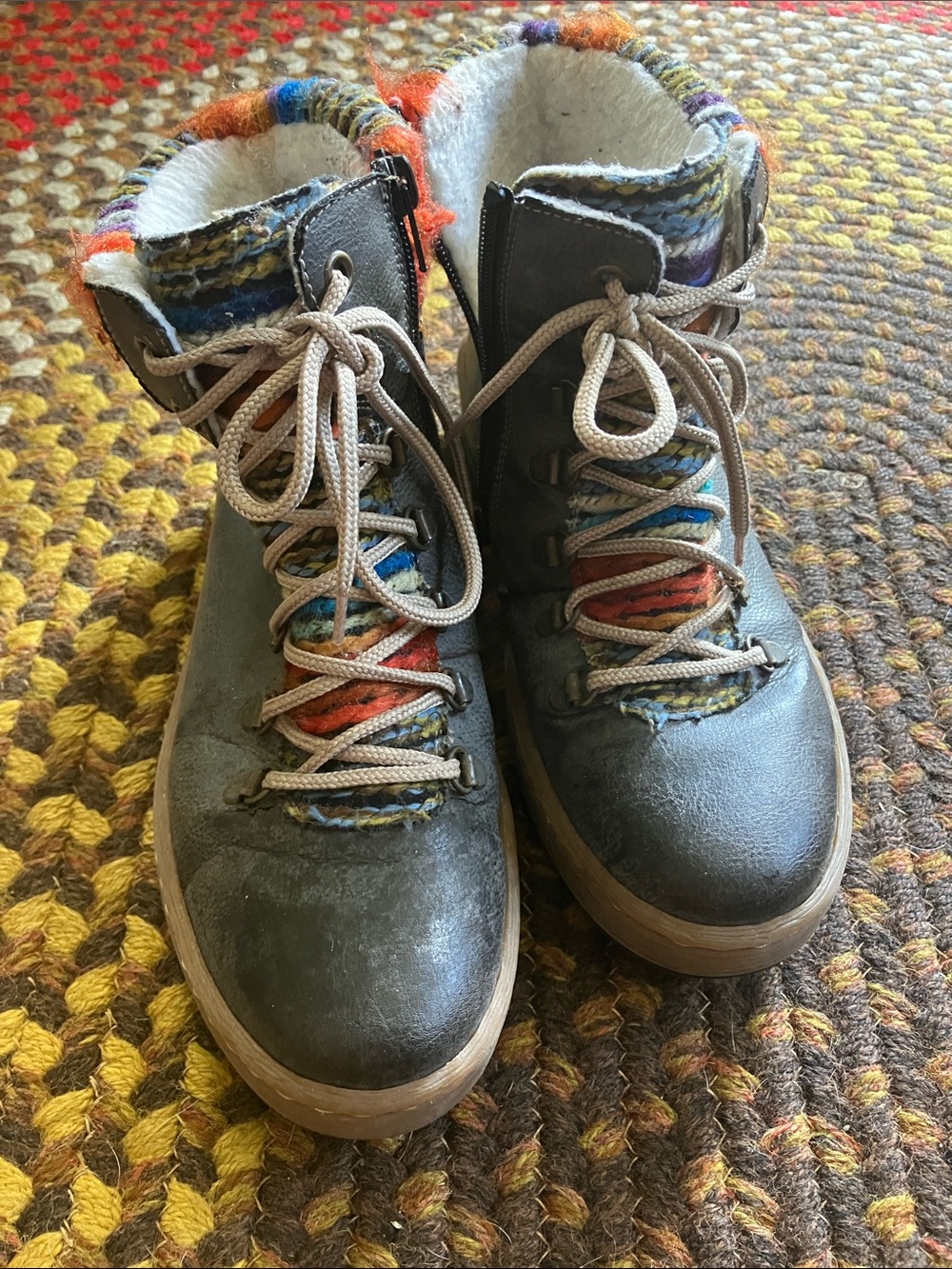 Rieker Gray Leather Lace-Up Ankle Boots with Multicolor Knit Trim